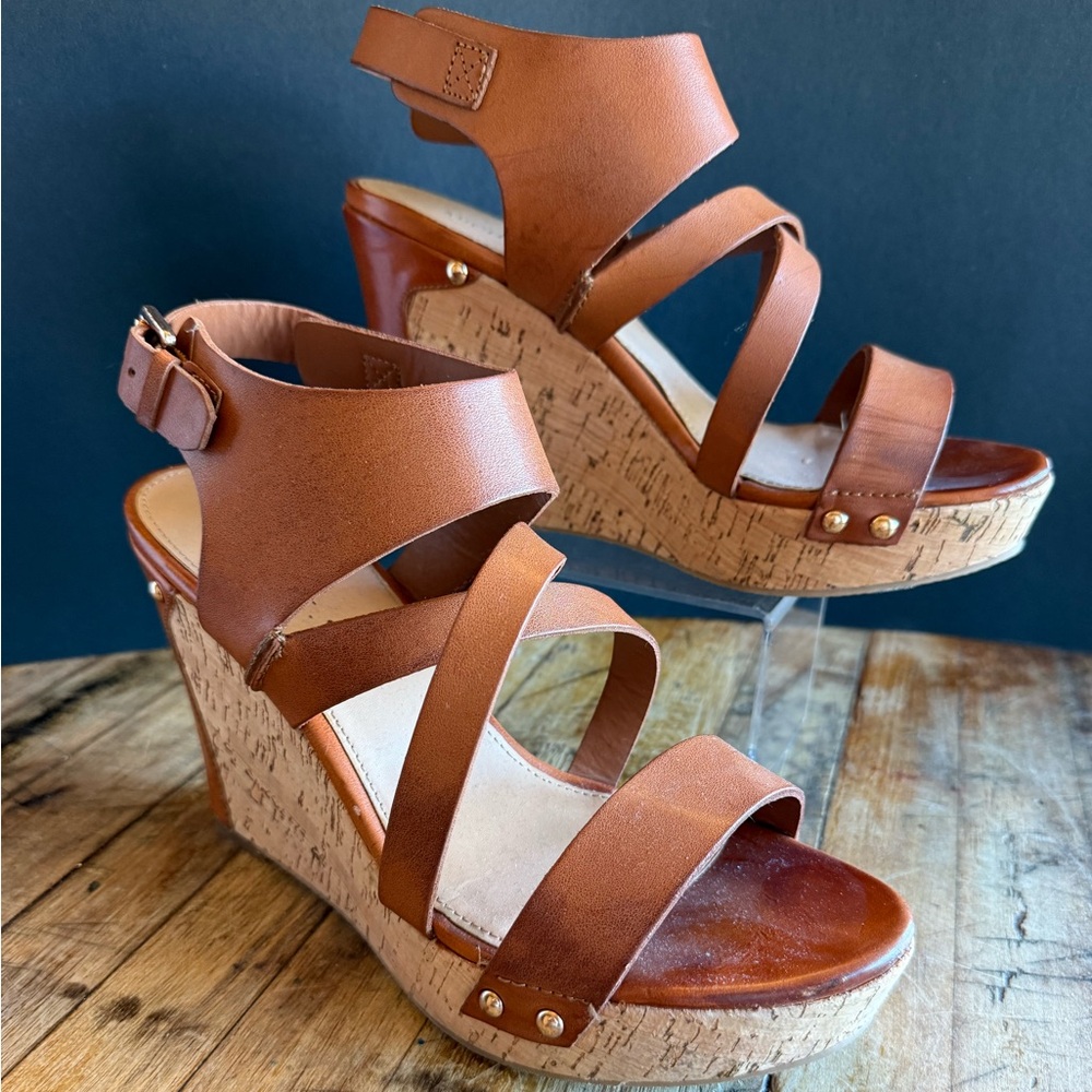 Michael Wedge Sandal Cork Womens Size 8.5M Brown Leather Strappy Platform